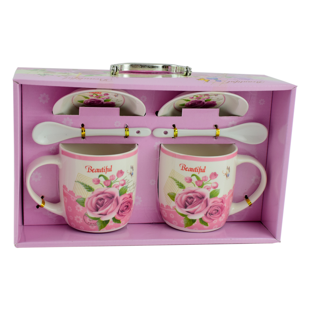 Set cana cu farfurie si lingura realizate din ceramica in cutie - Design cu trandafiri - Diverse modele - imagine 4