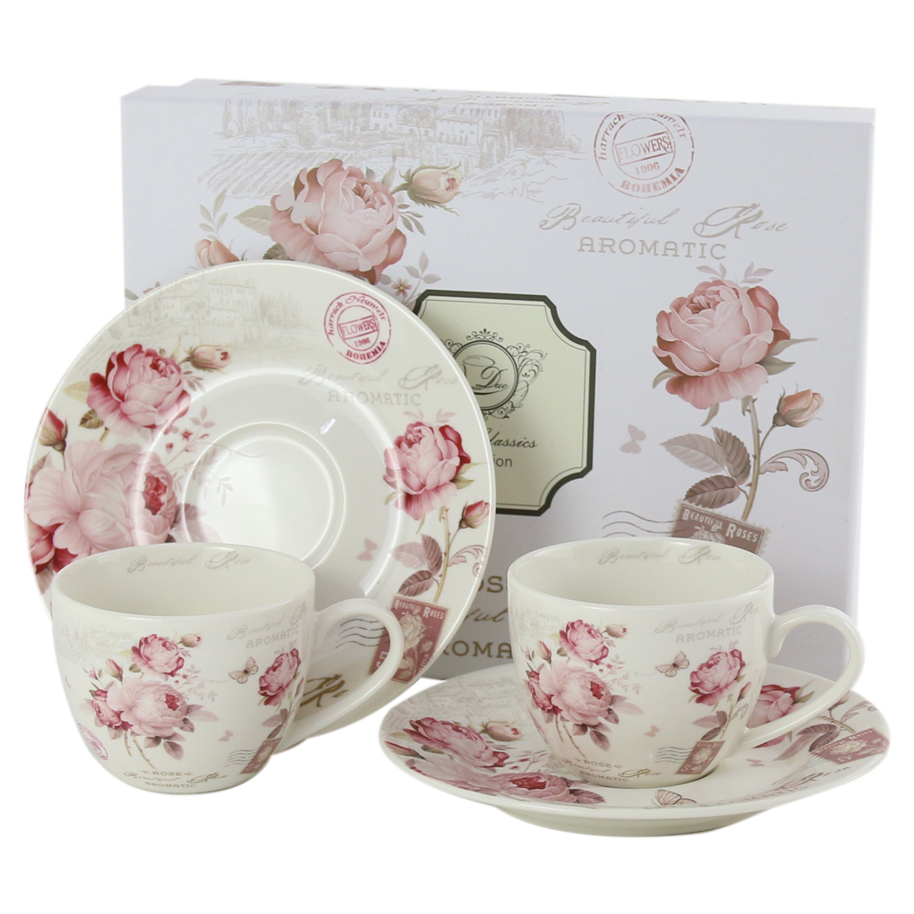 Set 2 cesti espresso cu farfurii din portelan 110 ml, "Secesja", in cutie decorativa