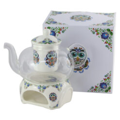 Ceainic cu infuzor, capac si suport 1000 ml, din sticla si portelan "Etno Bufnita" in cutie decorativa