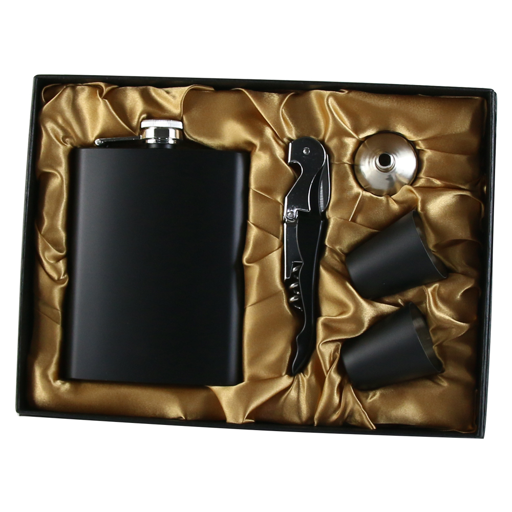 Set cadou pentru barbati, 5 piese - Plosca, 2 pahare, palnie si tirbuson