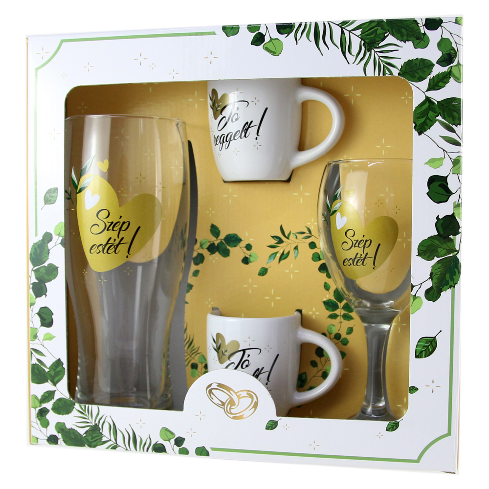 Set Wedding "Jo reggelt!/Szep estet!" - halba bere, pahar vin, 2 cesti cafea
