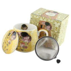 Cana portelan cu infuzor metalic si capac 430 ml, Gustav Klimt "Sarutul" ecru, in cutie decorativa
