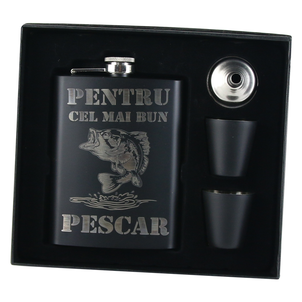 Set cadou "Pentru cel mai bun Pescar" Plosca cu palnie si 2 pahare