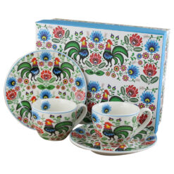 Set 2 cesti espresso cu farfurii din portelan 90 ml "Folk Roosters", in cutie decorativa