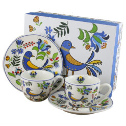 Set 2 cesti espresso cu farfurii din portelan 90 ml "Kashubian Bird", in cutie decorativa