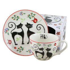 Cana portelan cu farfurie 250 ml, "Pisici", in cutie decorativa, Etno