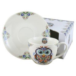 Cana portelan cu farfurie 250 ml, "Etno Bufnita", in cutie decorativa