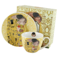 Cana portelan cu farfurie 250 ml, "The Kiss" ecru de Gustav Klimt, in cutie decorativa
