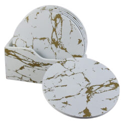 Set 6 suporturi pentru pahare din lemn, 10.5 CM, cu suport, Alb/auriu