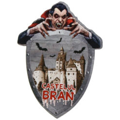 Magnet frigider din lemn, 7x9 CM, Dracula, Castelul Bran, scut