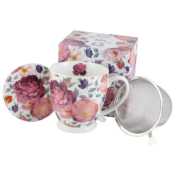 Cana portelan cu infuzor metalic si capac, "Spring Roses White", 510 ml, in cutie decorativa