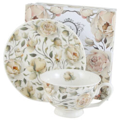 Ceasca cu farfurie, din portelan "English Roses White", 250 ml, in cutie decorativa