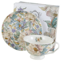 Ceasca cu farfurie, din portelan "Peony White", 250 ml, in cutie decorativa