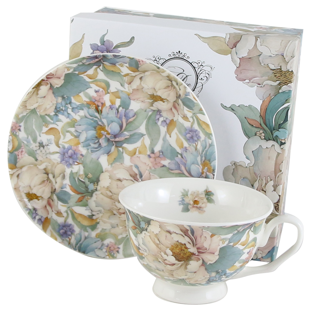 Ceasca cu farfurie, din portelan "Peony White", 250 ml, in cutie decorativa