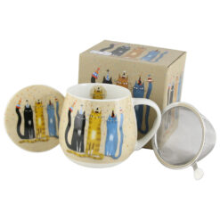 Cana portelan cu infuzor metalic si capac, "Party", 430 ml, in cutie decorativa, Pisici
