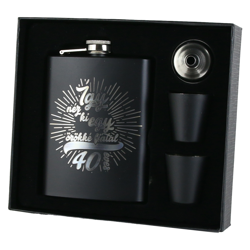 Set cadou "Igy nez ki egy orokke fiatal 40 eves",  Plosca cu palnie si 2 pahare