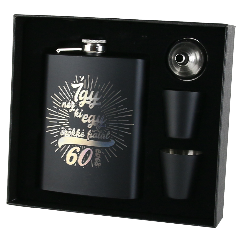 Set cadou "Igy nez ki egy orokke fiatal 60 eves",  Plosca cu palnie si 2 pahare