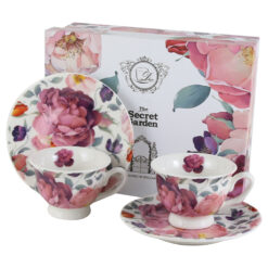 Set 2 cesti espresso cu farfurii din portelan 100 ml "Spring Roses White", in cutie decorativa