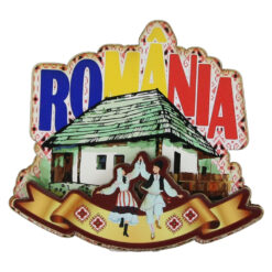 Magnet frigider din lemn "Romania" 8x7 CM, Casa traditionala cu dansatori