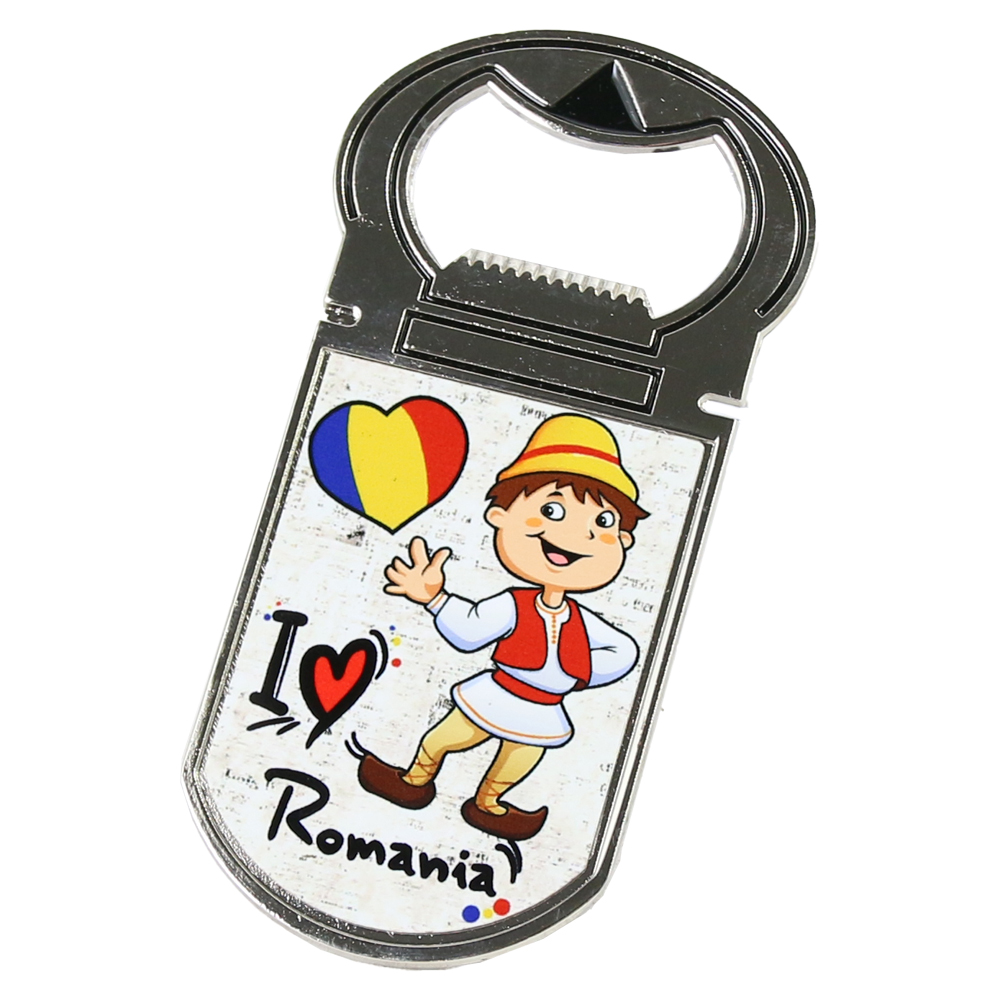 Desfacator sticle cu magnet "I Love Romania", 4x9 CM