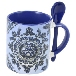 Cana ceramica cu lingurita, 330 ml, Albastru, motive traditionale Corund