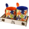Set cadou cu 2 cani + lingurite si suport din lemn, Frunze de toamna, 330 ml