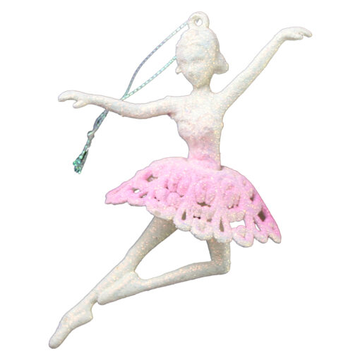 Ornament de brad 12 CM, Balerina din acril, roz cu glitter