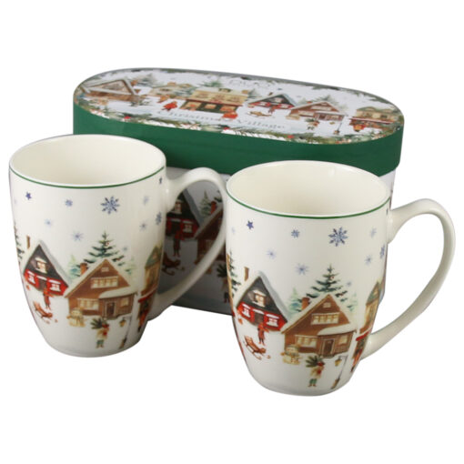 Set 2 cani din portelan, Christmas Village, 360 ml, in cutie decorativa, Sat de Craciun