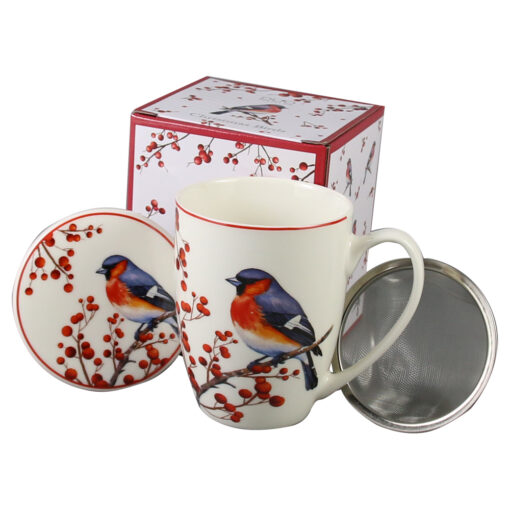 Cana portelan cu infuzor metalic si capac, Christmas Birds, 360 ml, in cutie decorativa, Pasari de Craciun