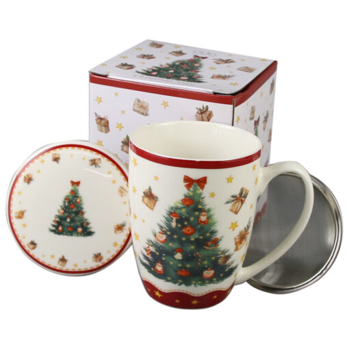 Cana portelan cu infuzor metalic si capac, Christmas Tree, 360 ml, in cutie decorativa, Brad de Craciun