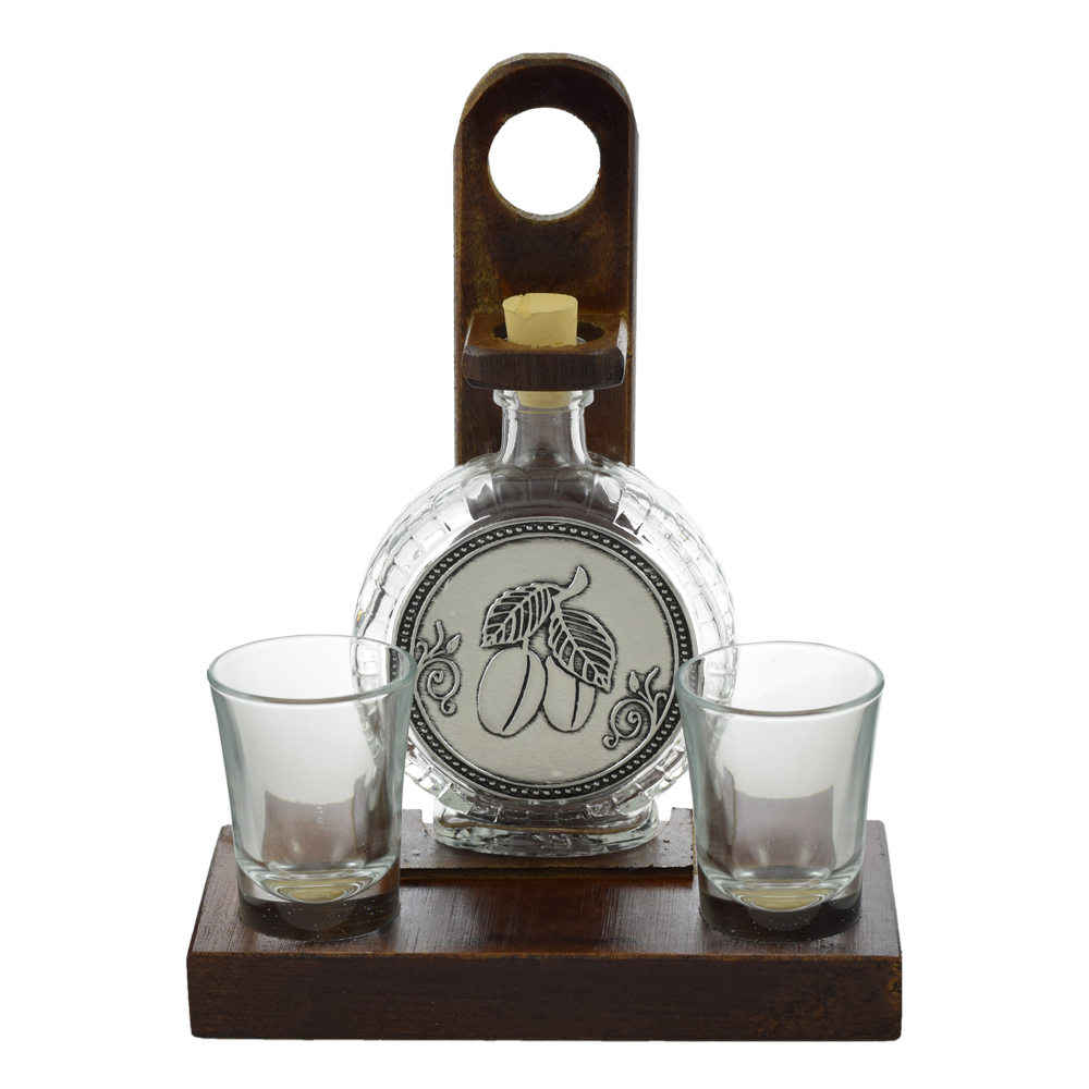 Suport lemn cu plosca din sticla si 2 pahare de tuica - Cu decor embosat - prune