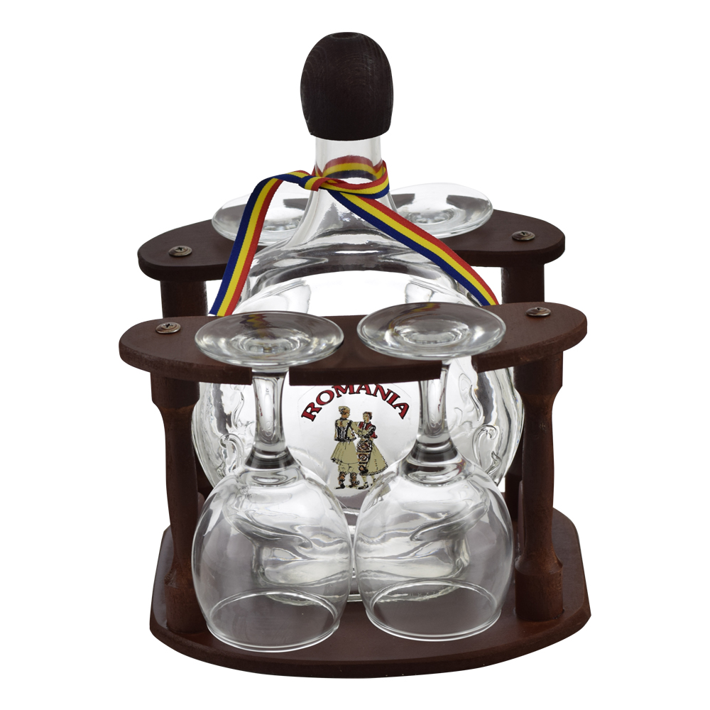 Suport lemn cu plosca din sticla si pahare cu talpa in forma rotunda