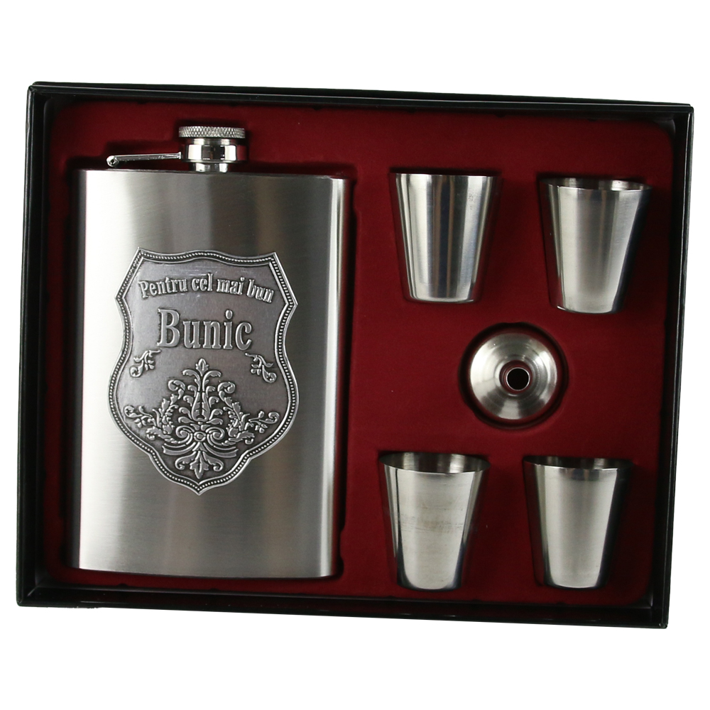 Set plosca cu palnie si 4 pahare din inox, "Pentru cel mai bun Bunic", in cutie eleganta