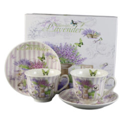 Set 2 cesti din ceramica cu farfurii, "Beautiful Lavender", 150 ml, in cutie cadou