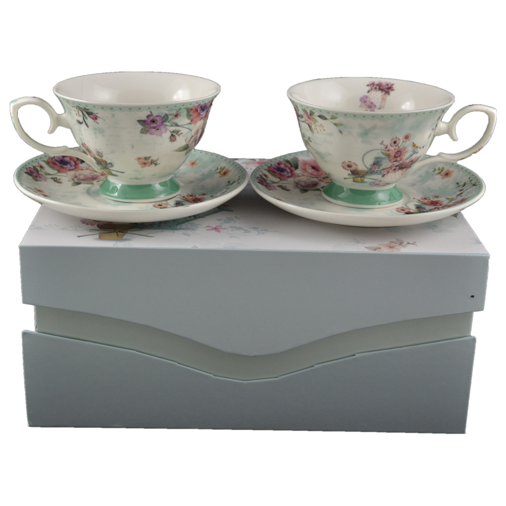 Set de 2 cani cu farfurie realizate din ceramica - Design Flori de primavara - Verde