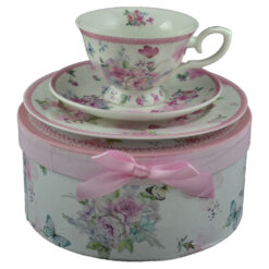 Set mic dejun 3 piese realizate din ceramica in cutie cadou - Design cu trandafiri (Model 2)