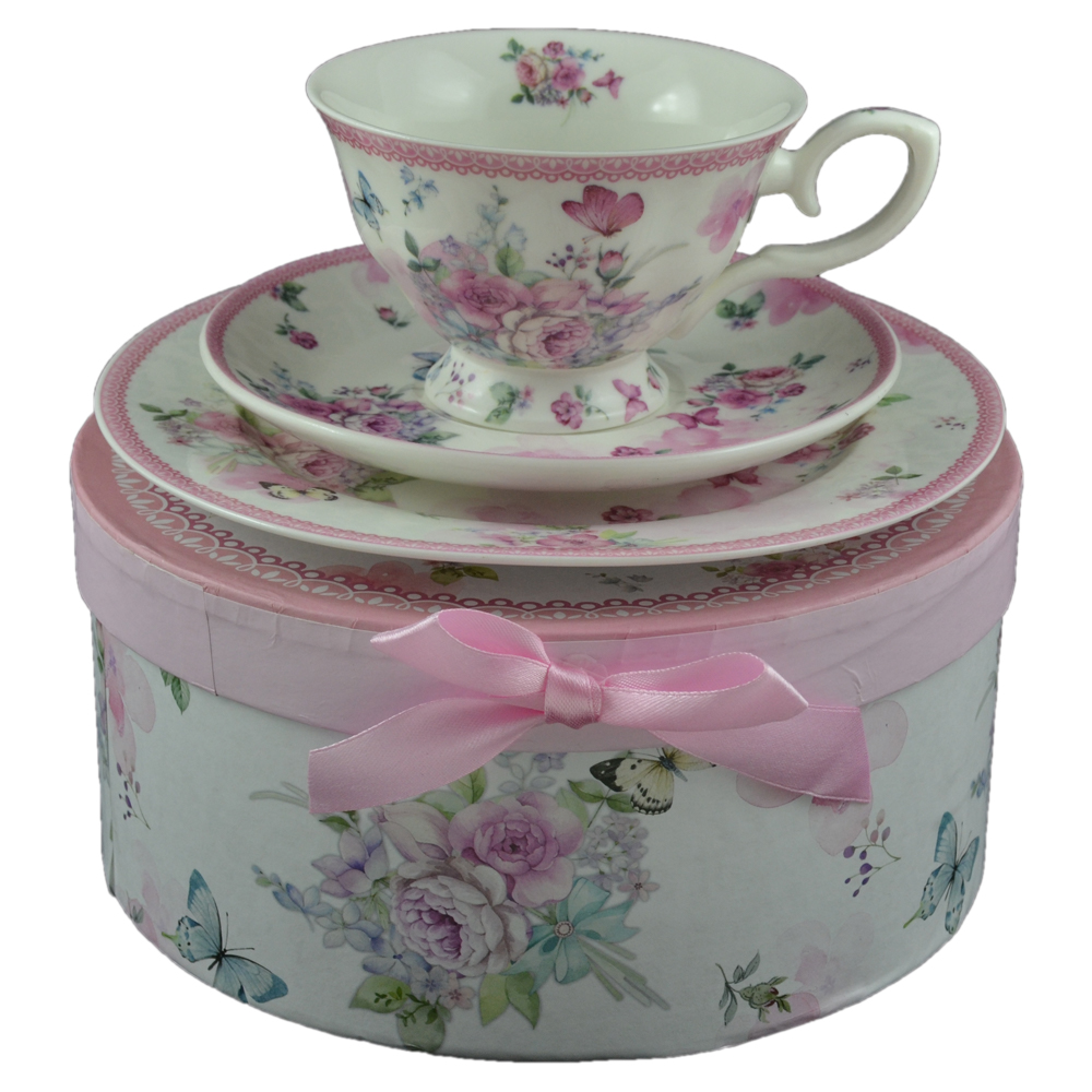 Set mic dejun 3 piese realizate din ceramica in cutie cadou - Design cu trandafiri (Model 2)