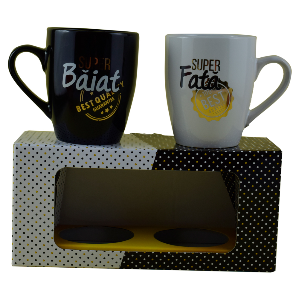 Set 2 cani Barrel din ceramica 300 ml, in cutie decorativa - Design "Baiat"/"Fata"