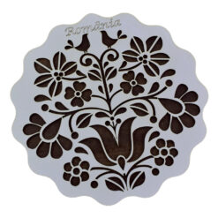 Suport realizat din lemn pentru oale - Design cu flori. pasari si inscriptia "Romania"