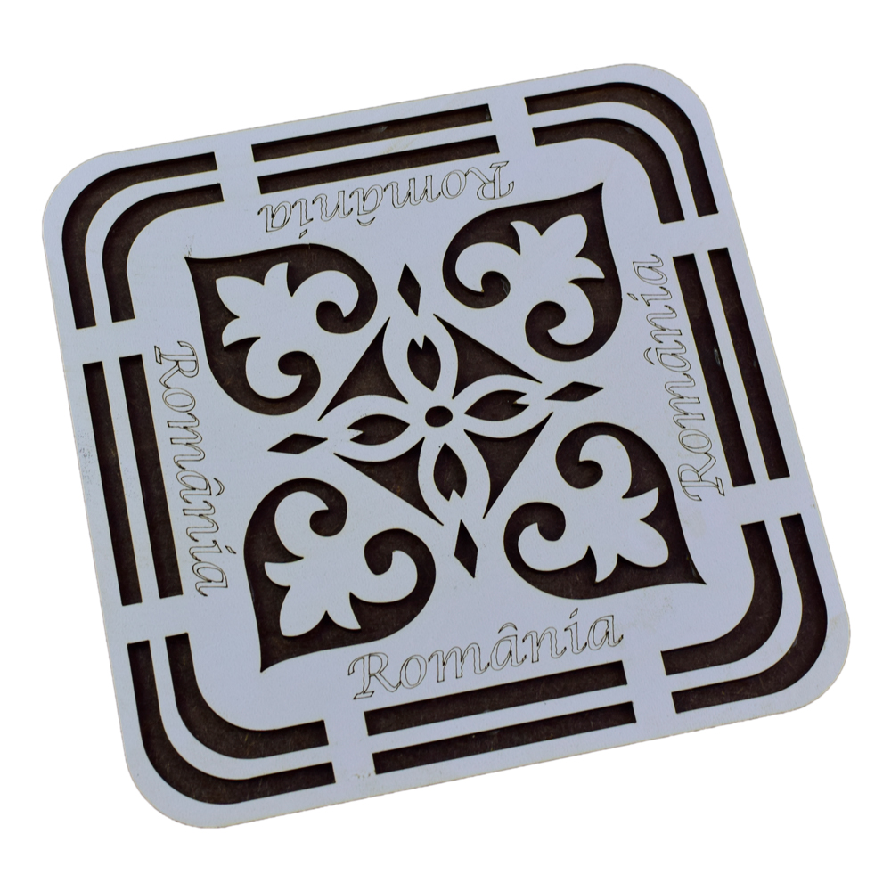 Suport realizat din lemn pentru oale - Design cu frunze si inscriptia "Romania" (Model 1)