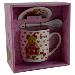 Cana cu lingurita si farfurie realizate din ceramica - Design cu ursulet si inimioare - Diverse modele