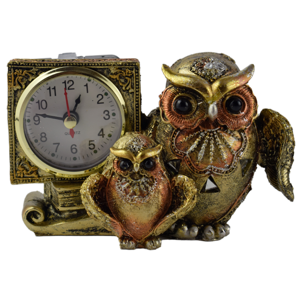Ceas de masa din rasina decorat cu doua bufnite 14 CM