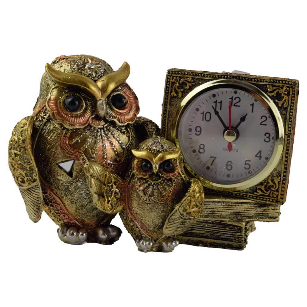 Ceas de masa din rasina decorat cu doua bufnite 14 CM - imagine 2