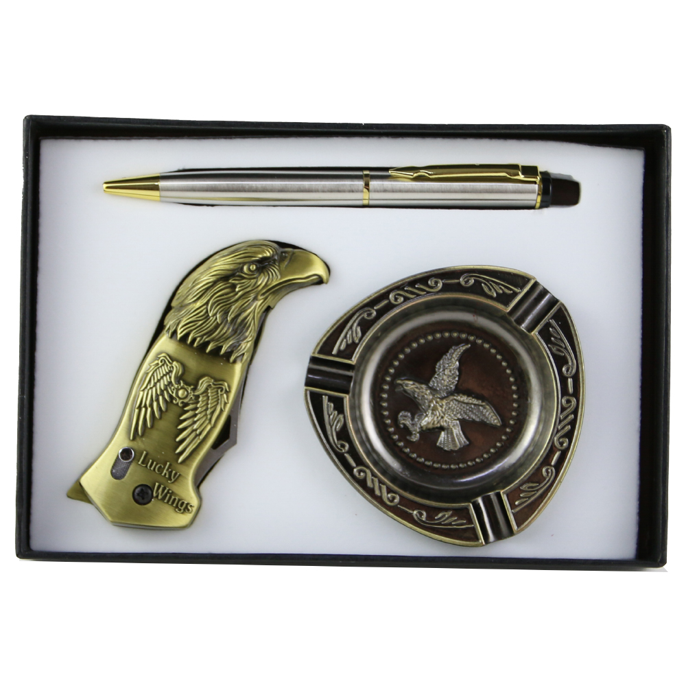 Set cadou 3 piese pentru barbati - Scrumiera/Briceag/Pix, Lucky Wings
