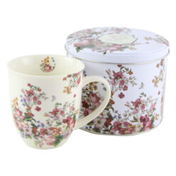 Cana portelan 400 ml in cutie metalica "Vintage Flowers White"