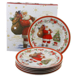 Set 6 farfurii desert din ceramica, Mos Craciun 19 CM, "Merry Christmas", in cutie cadou