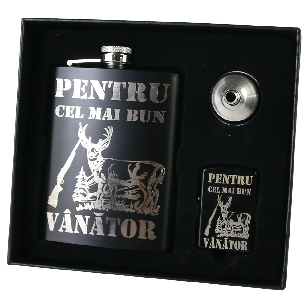 Set cadou "Pentru cel mai bun Vanator" Plosca cu palnie si bricheta