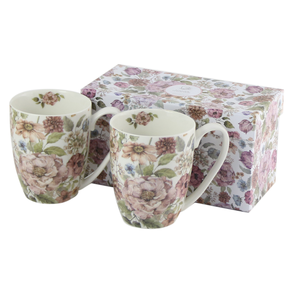 Set 2 cani din portelan "Pastel Flowers" 380 ml, in cutie de cadou