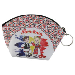 Portmoneu cu breloc "Romania" 12x8 CM, din piele ecologica,  Copii in port popular