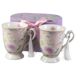 Set 2 cani din ceramica, cu franjuri, 300 ml, Flori roz, in cutie cadou